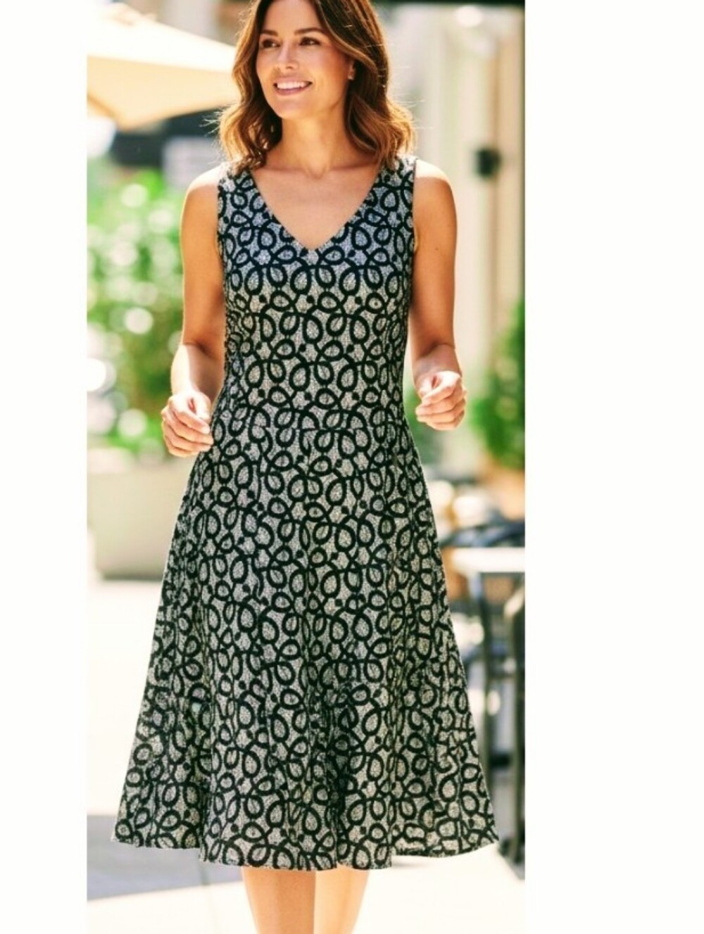 Nine West Black & White V-Neck Sleeveless Midi Dress Scroll Stretch Lace Sz 12
